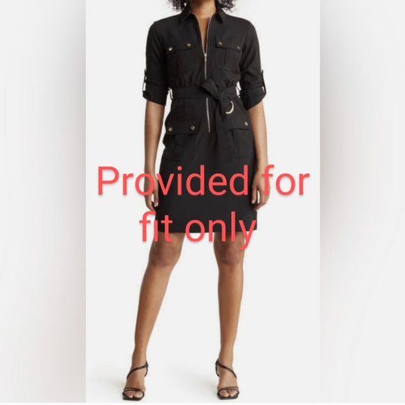 Sharagano Belted Zip Shirt Dress Safari Patch Pocket Roll Tab Sleeve Black - Picture 14 of 16